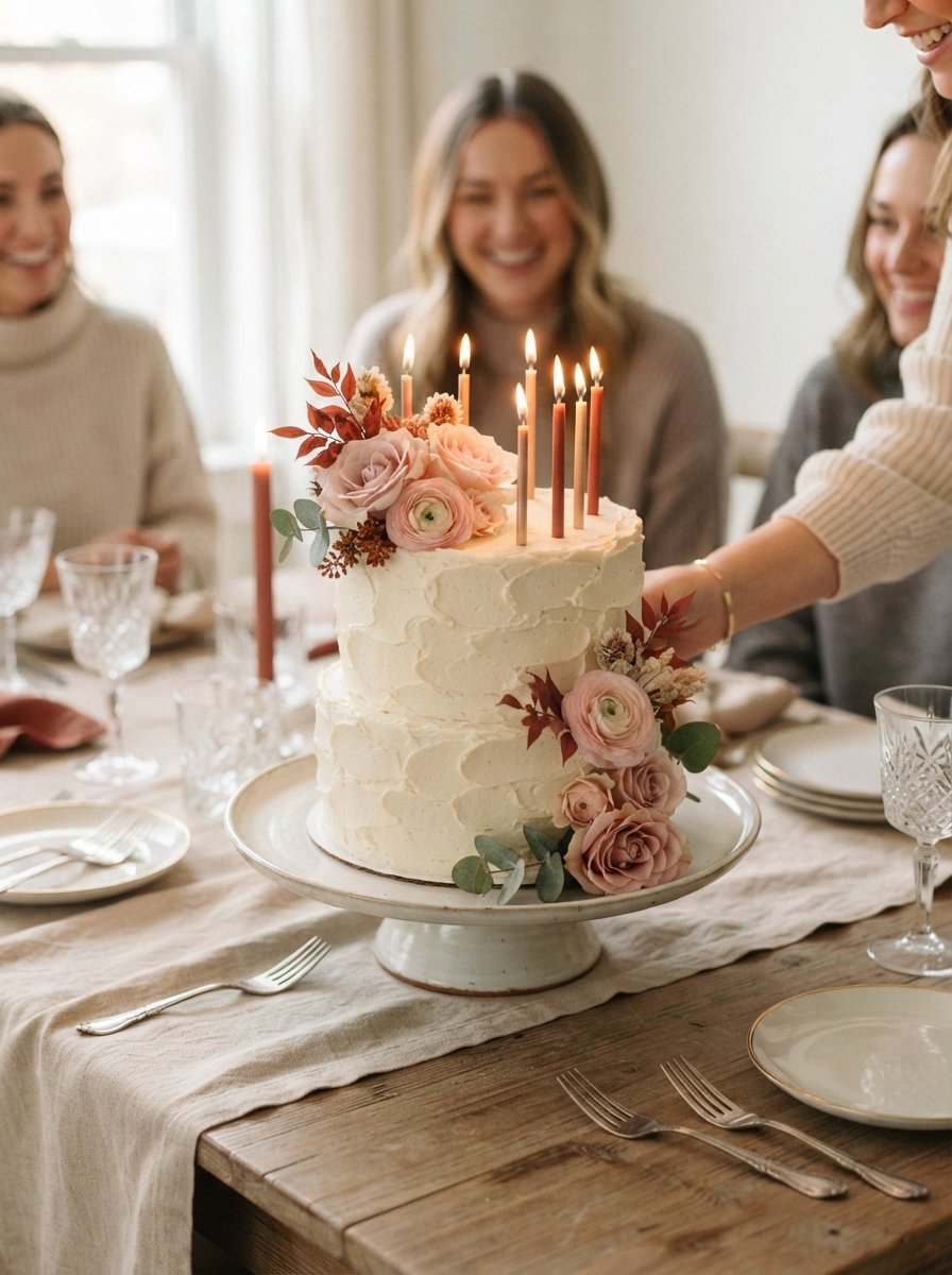 Birthday cake with lit candles on a styled table
