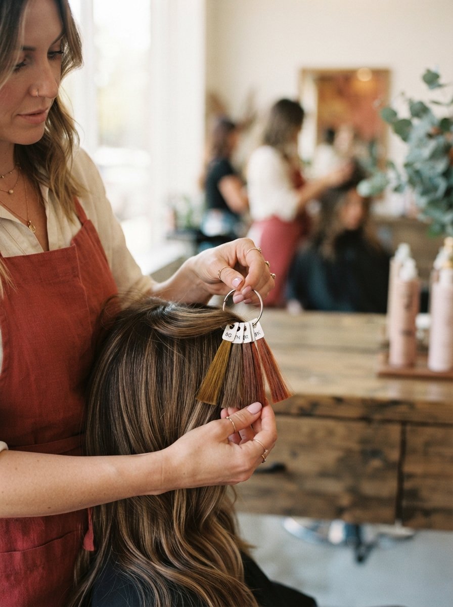 Colorist holding hair color swatches next to a strand of hair