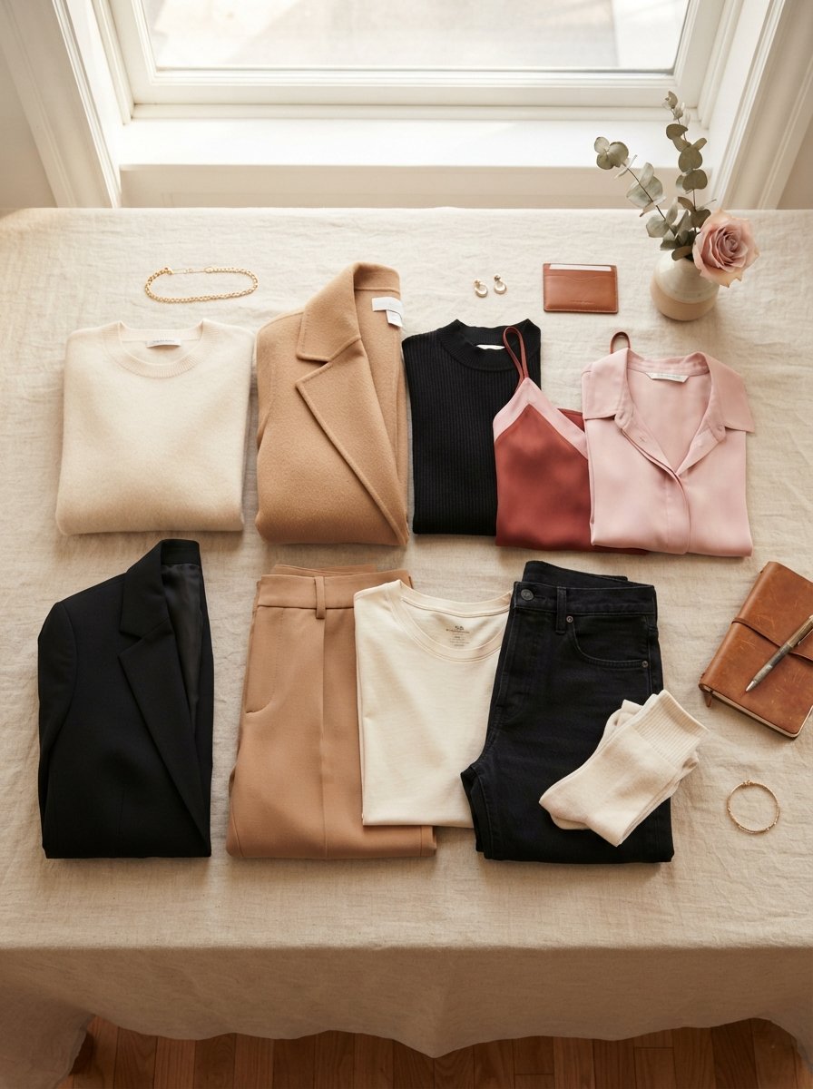 Flat lay of neutral capsule wardrobe basics