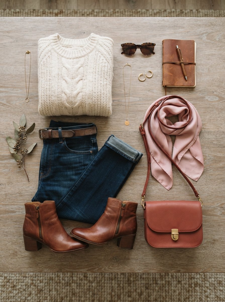 Flat lay of a fall outfit with sweater, jeans, and boots