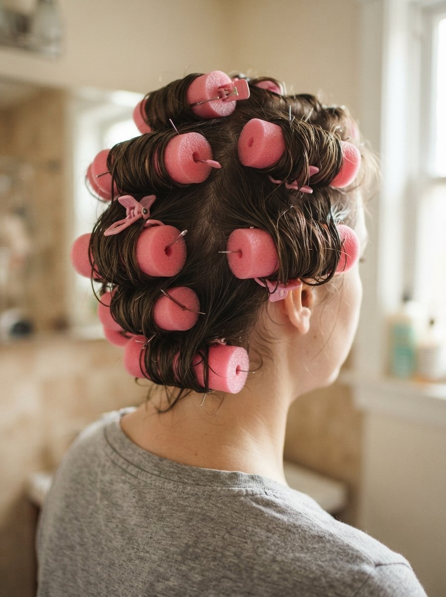 Foam rollers set in damp hair