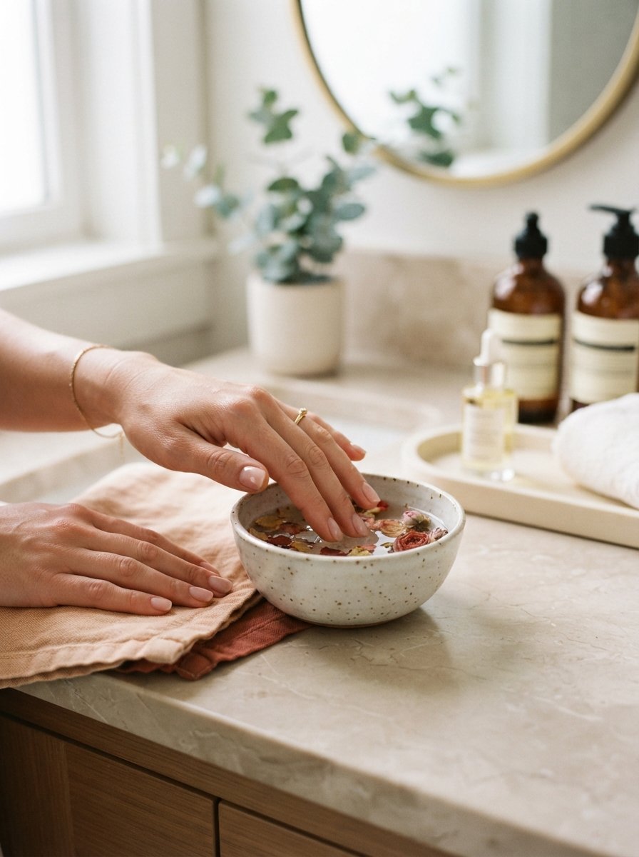 Hand soaking fingertips in warm water before a manicure