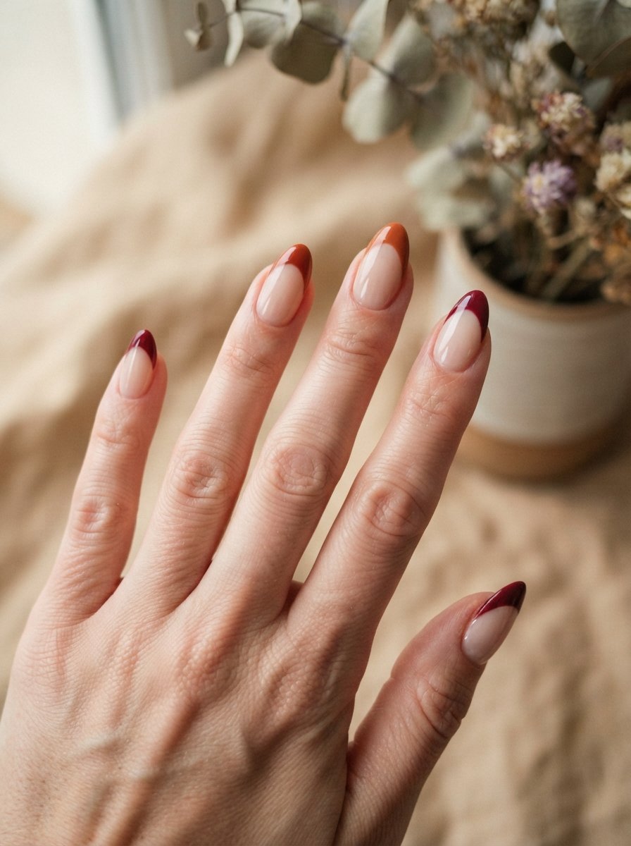 Two-tone burgundy and terracotta nail tips