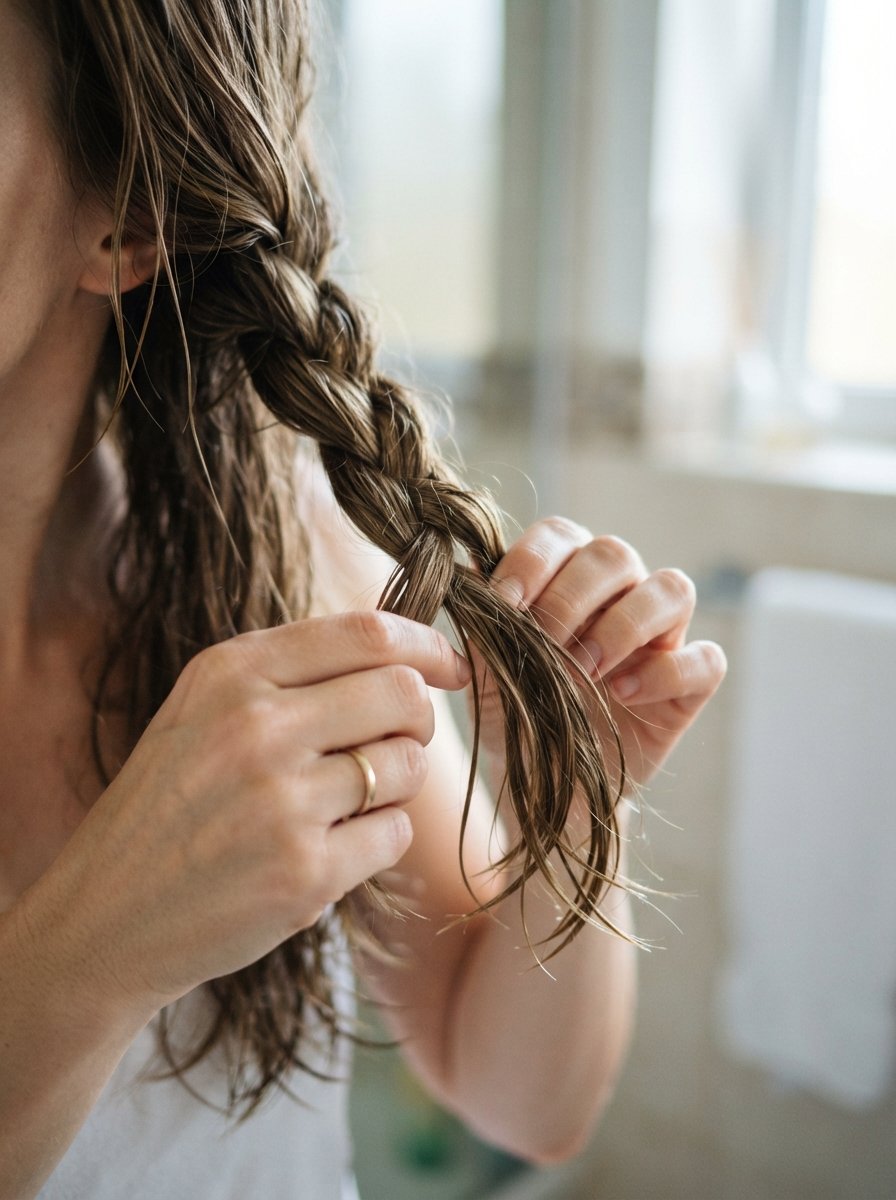Hands braiding damp hair