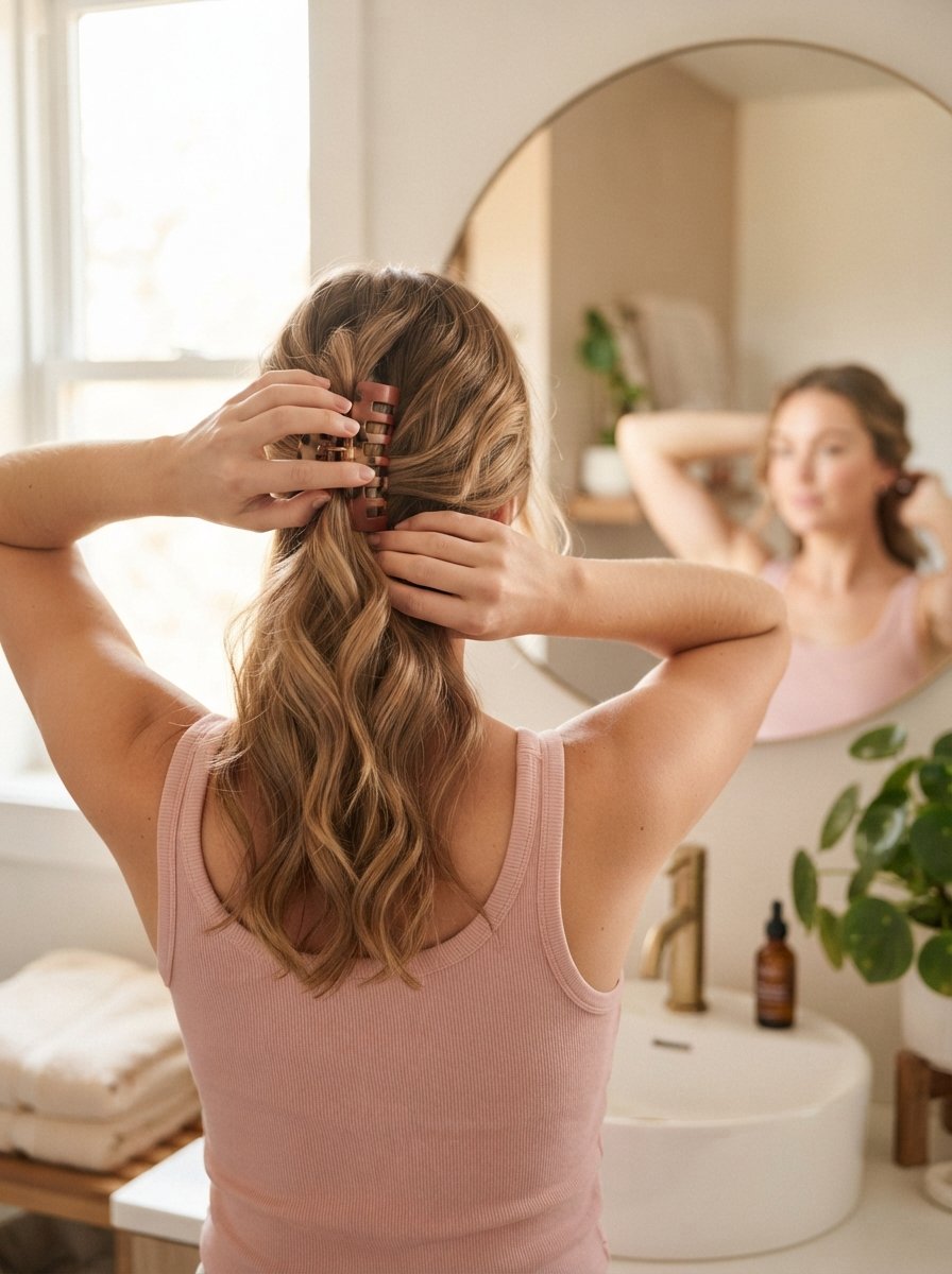 Hands twisting hair into a claw clip
