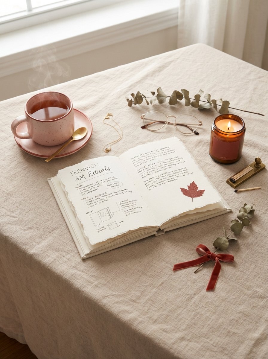 Journal, tea, and candle on a linen surface