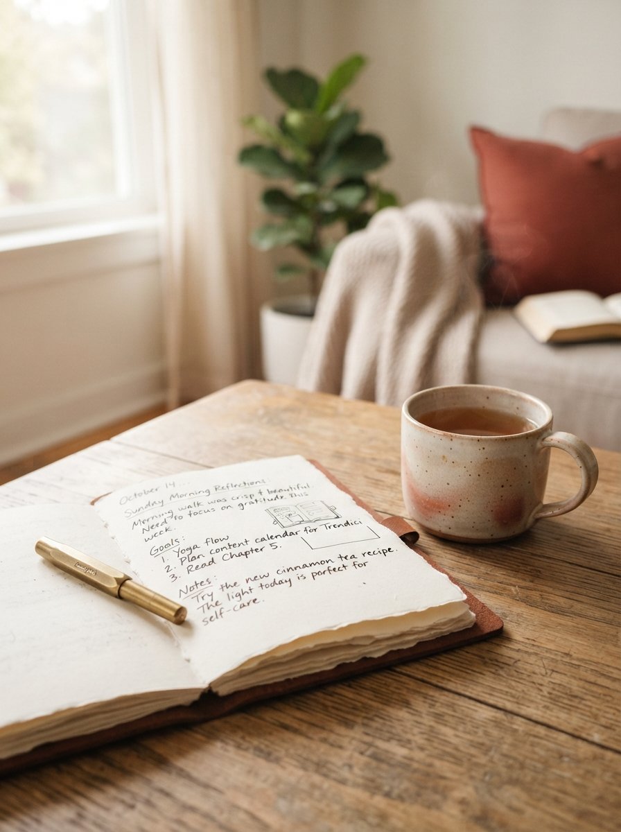Open journal with a cup of tea beside it
