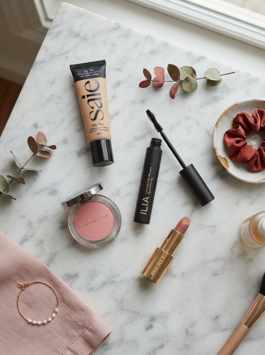 Flat lay of everyday makeup essentials on a marble surface