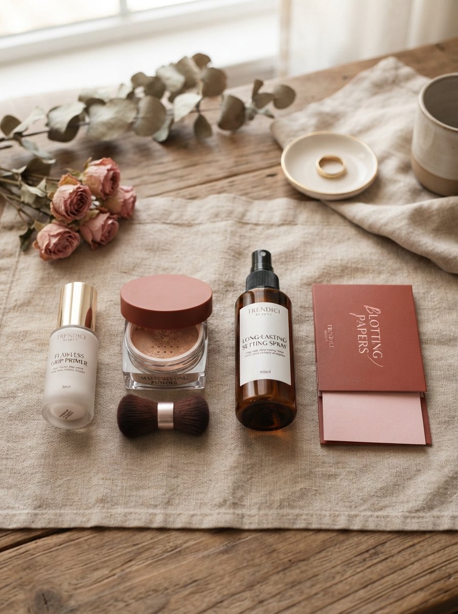 Flat lay of long-wear makeup products