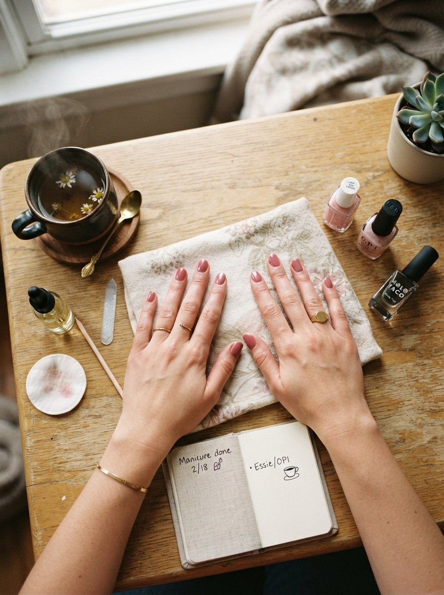 Finished manicure setup with polish and tea