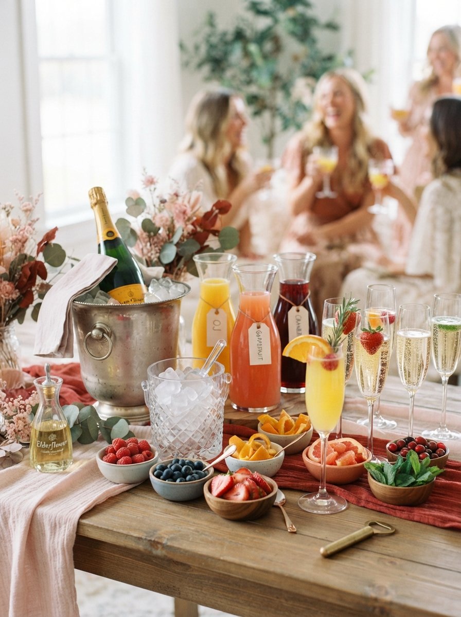 Mimosa bar with fresh fruit garnishes for a bridal shower