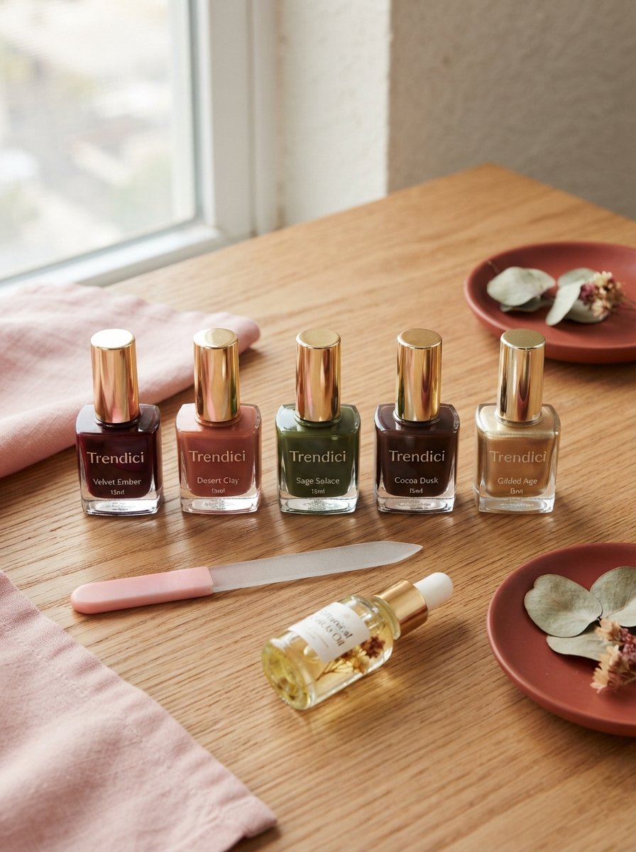 Flat lay of fall nail polish bottles on a wood surface