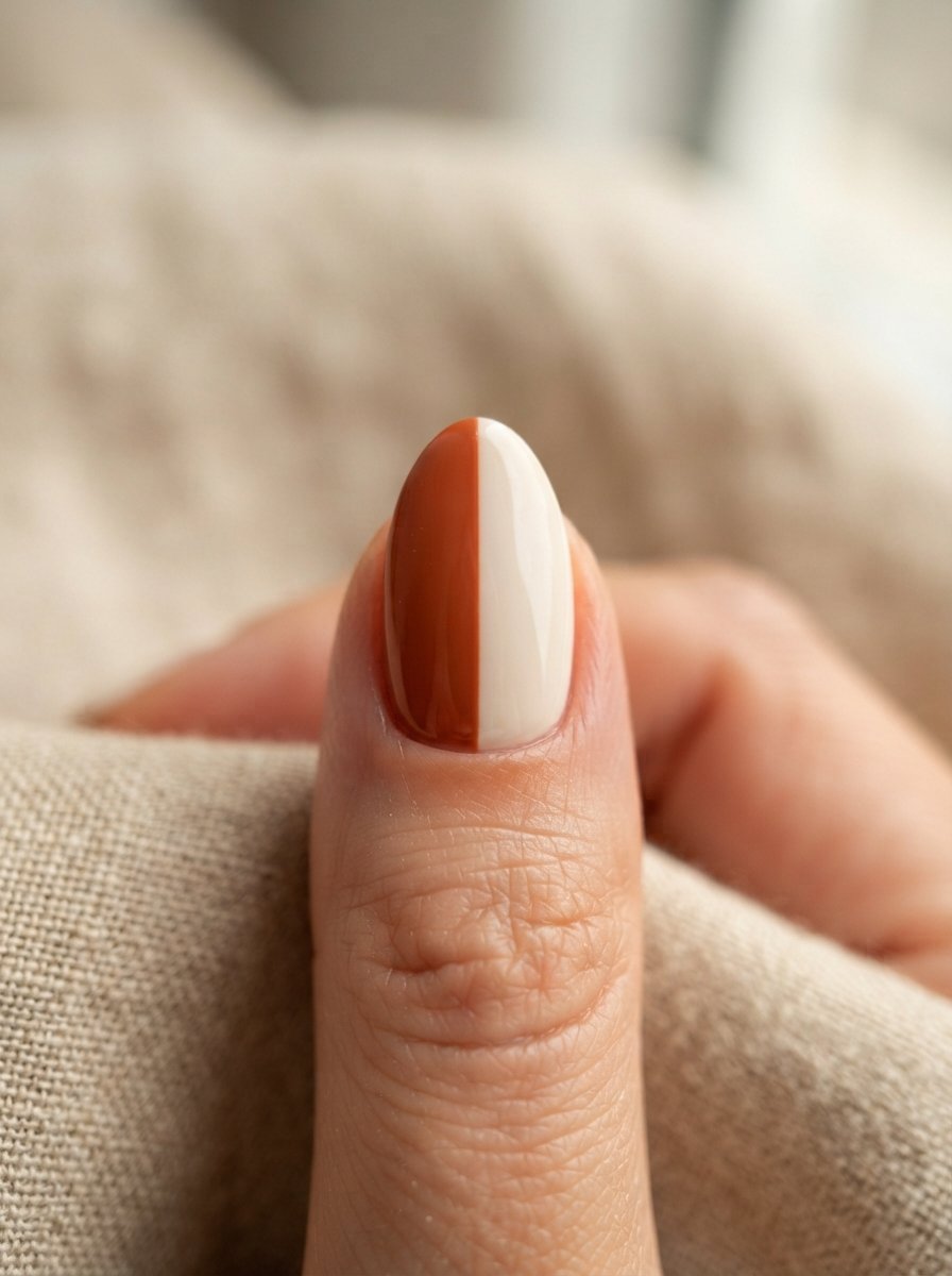 Nail split terracotta and cream color blocking