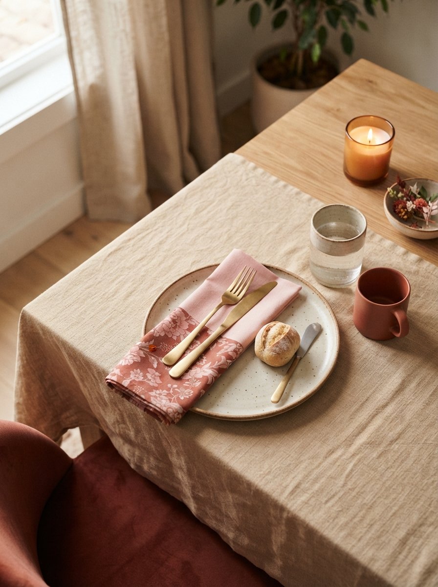 Beautifully set table corner with plate, napkin, and candle