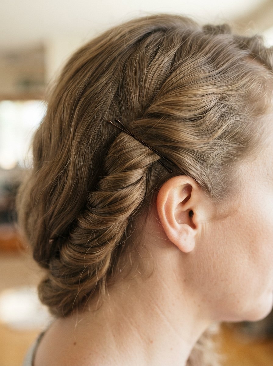 Twisted hair pinned flat against head