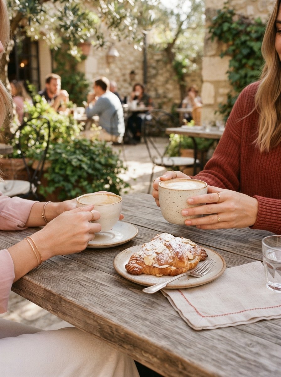 Two coffee cups and a shared pastry on a cafe table