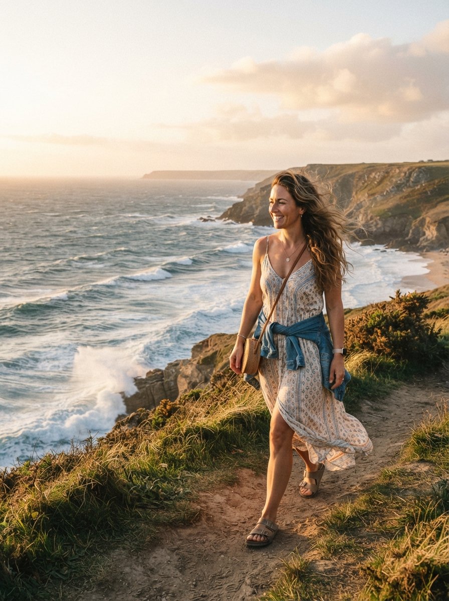 Woman walking outdoors with beachy waves