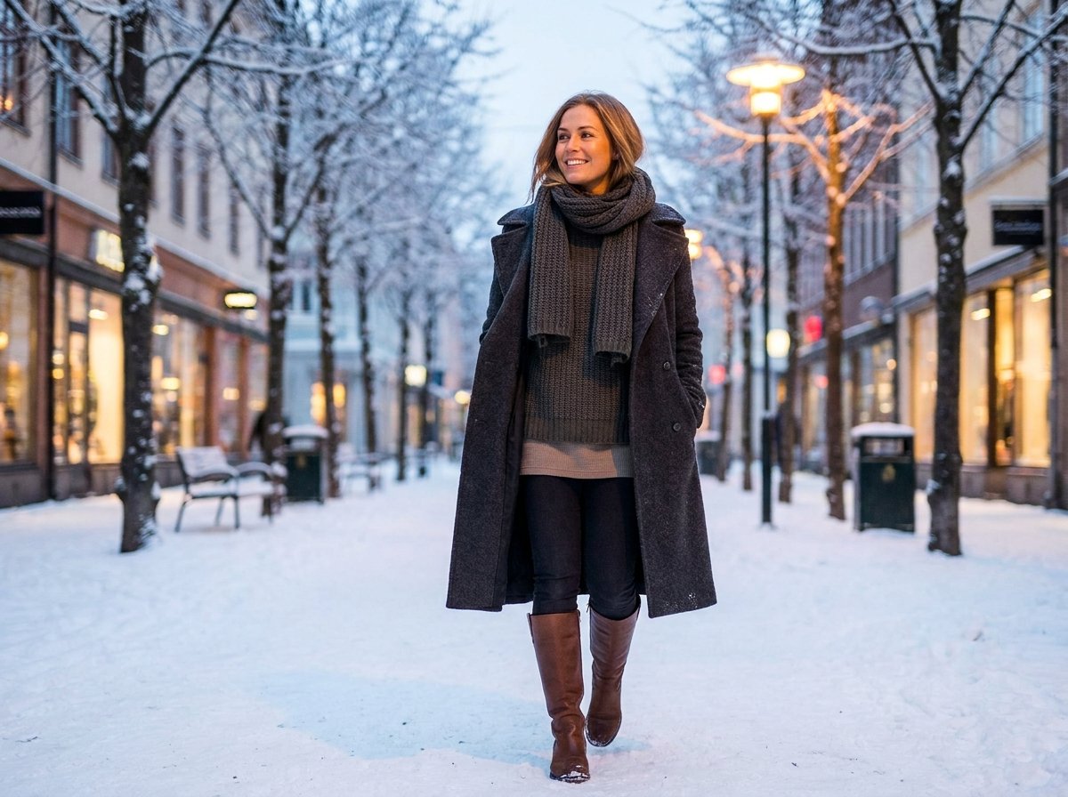Woman in a winter coat and tall boots walking a snowy street