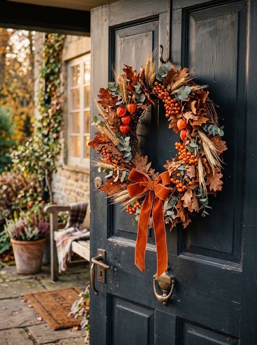 Handmade autumn wreath with dried oak leaves, wheat and orange berries on a dark front door