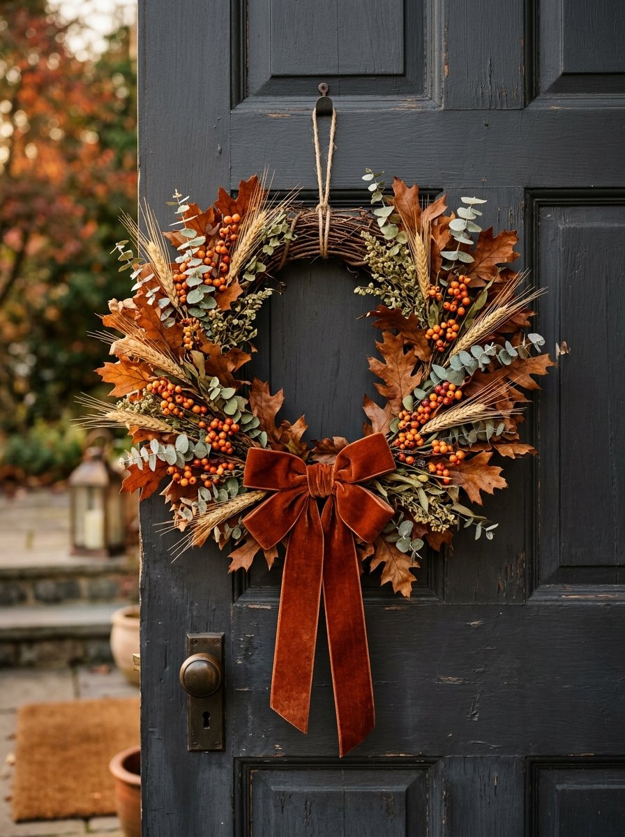 Dried autumn wreath with eucalyptus and a rust velvet bow on a dark door