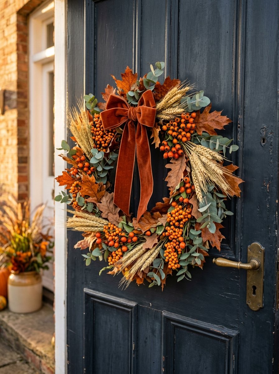 Autumn wreath of dried leaves, wheat and berries on a dark front door