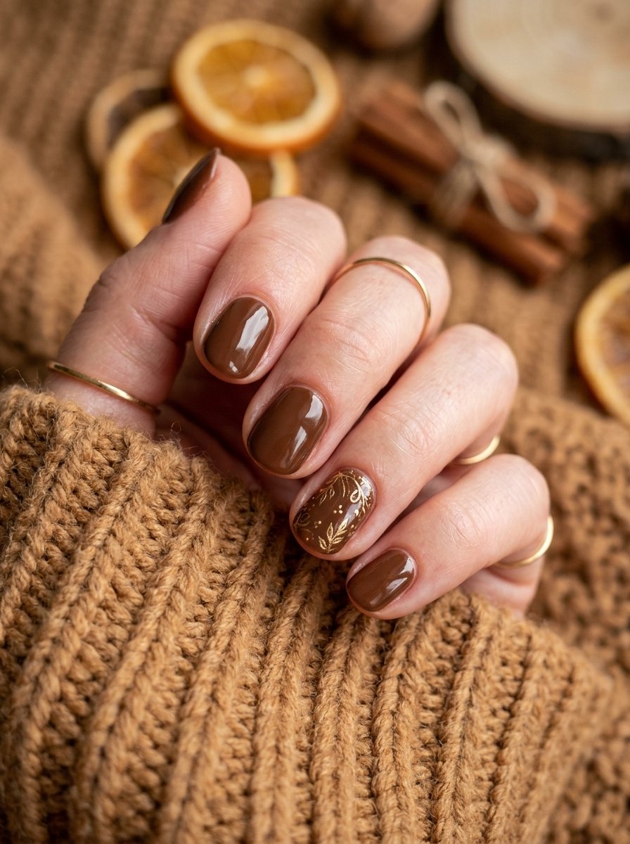 Warm chocolate brown nails with fine gold detailing