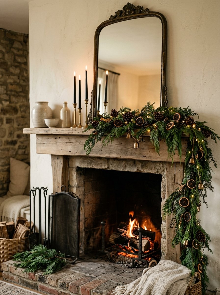 Stone cottage fireplace dressed with a cedar garland, black taper candles and an arched mirror above a lit fire