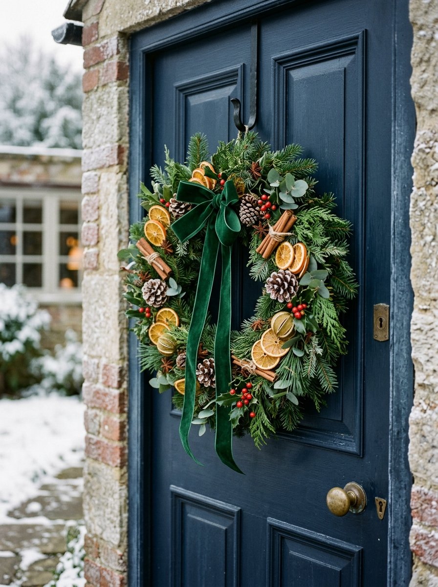 Christmas wreath with long green ribbon tails hanging on a navy cottage door in the snow