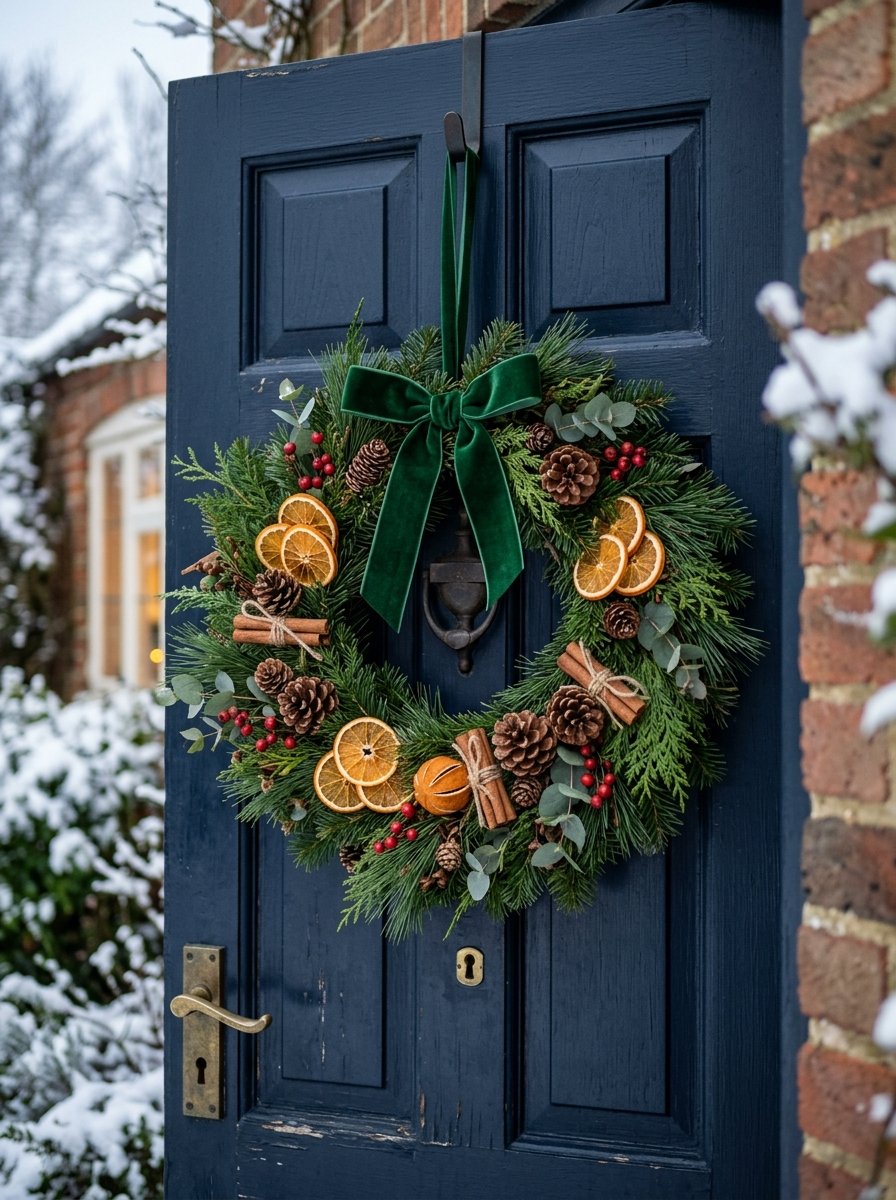 Christmas wreath of pine, dried orange slices, pinecones and cinnamon with a green velvet ribbon on a navy door