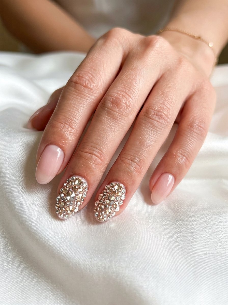 Crystal rhinestone accent nails on a soft pink almond manicure