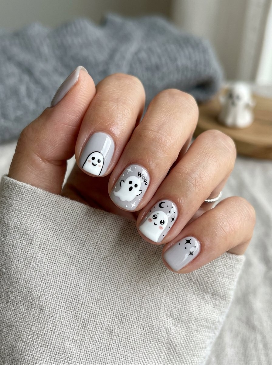 Milky white short nails with hand-painted ghost faces on each accent nail