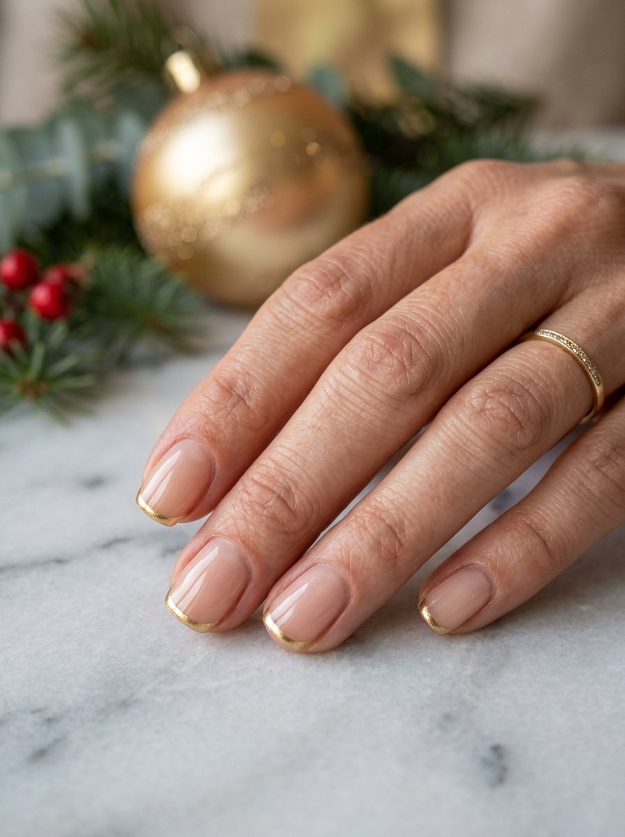 Short nails with a fine metallic gold micro-French tip on pale marble