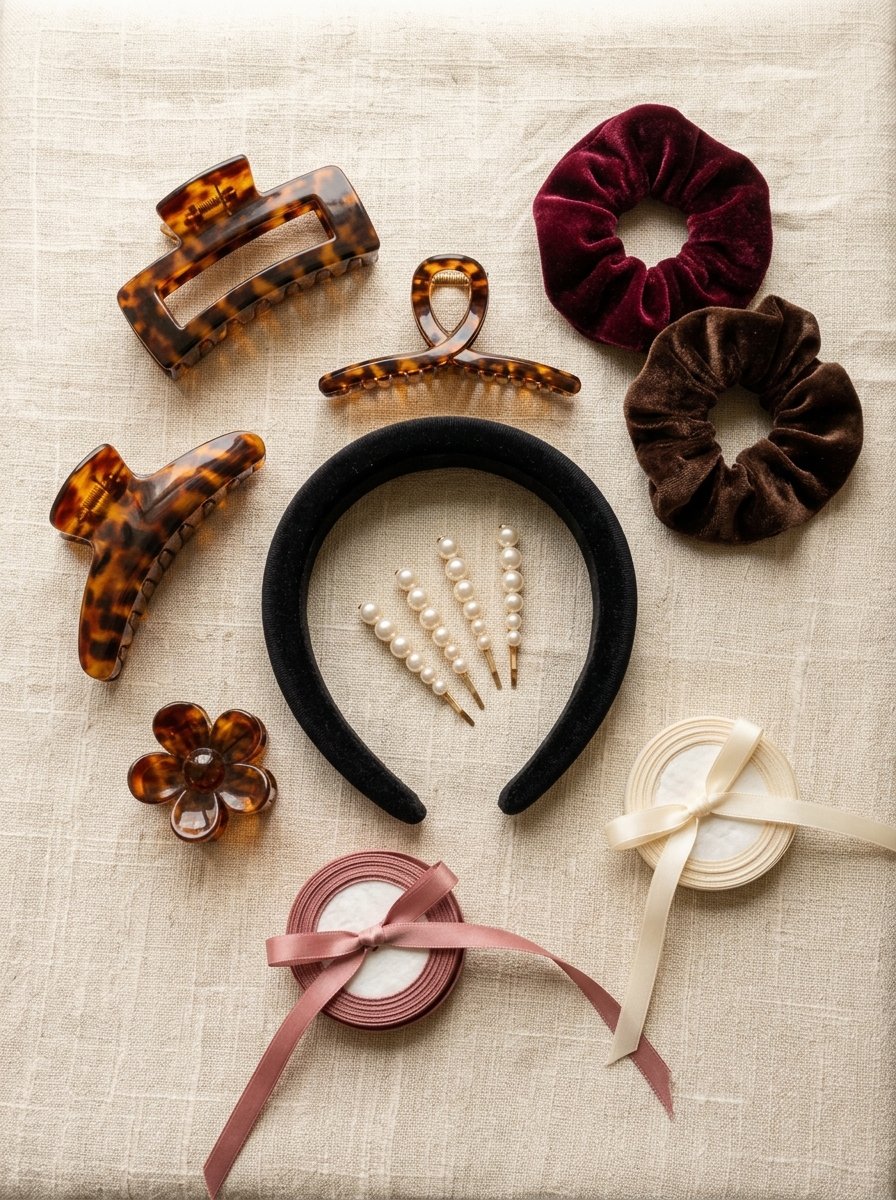 Tortoiseshell claw clips, velvet scrunchies, pearl pins and ribbons on cream linen