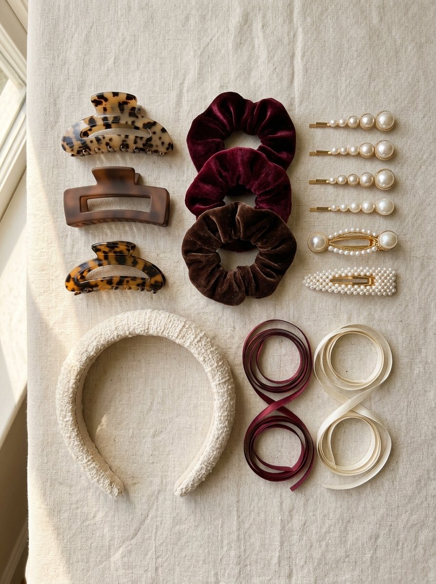 Collection of 90s revival hair accessories on a neutral surface