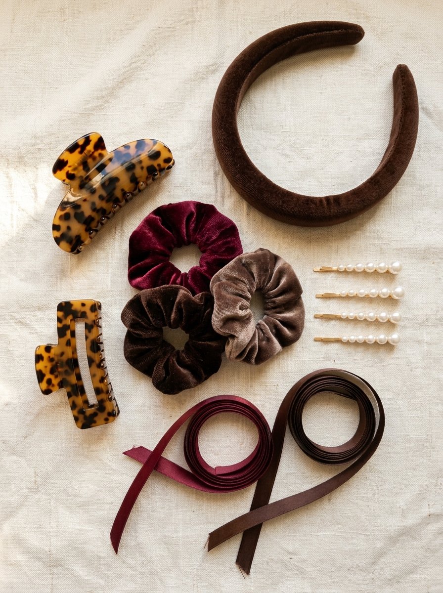Flat lay of claw clips, velvet scrunchies and pearl pins on linen