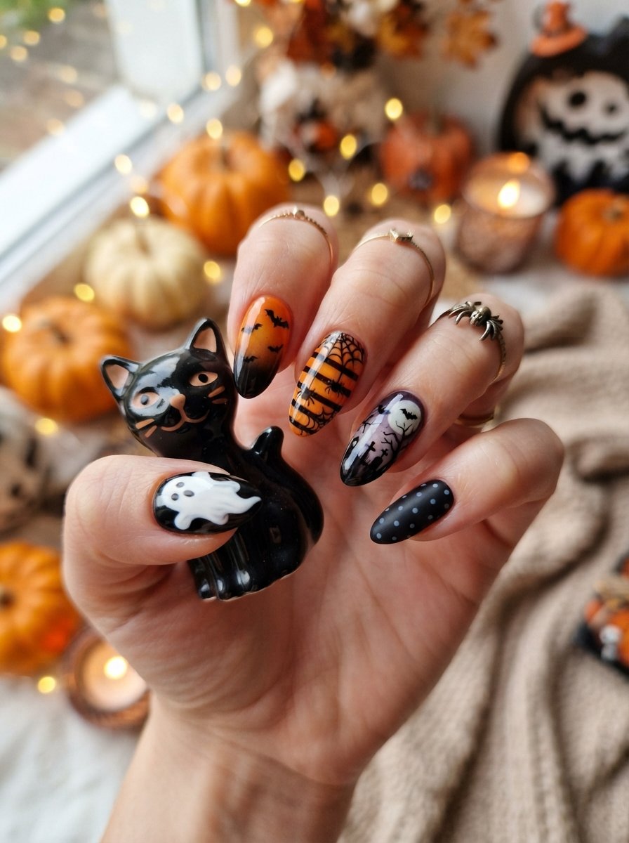 Mixed Halloween nail set with ghosts, webs and black tips in a pumpkin-filled setting