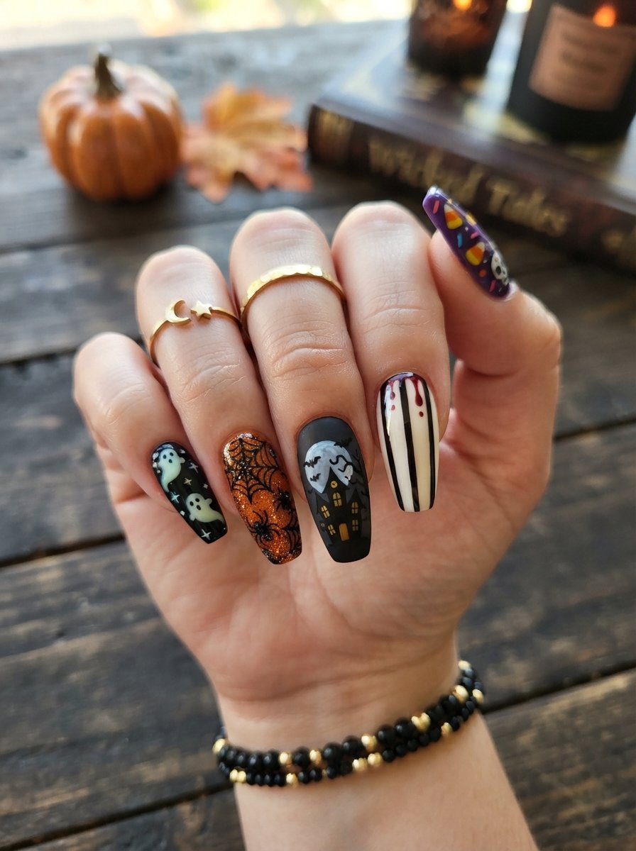 Long coffin Halloween nails in black with chrome and skull accent detailing