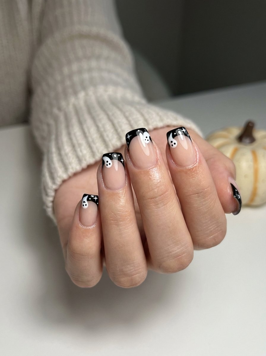 Black French tip nails with fine spiderweb detailing on a nude base
