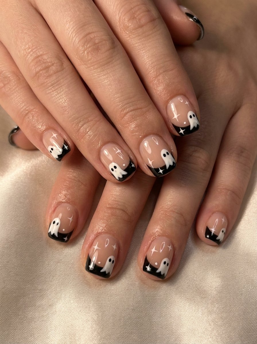 Halloween French tip manicure in black with small white ghost and web accents