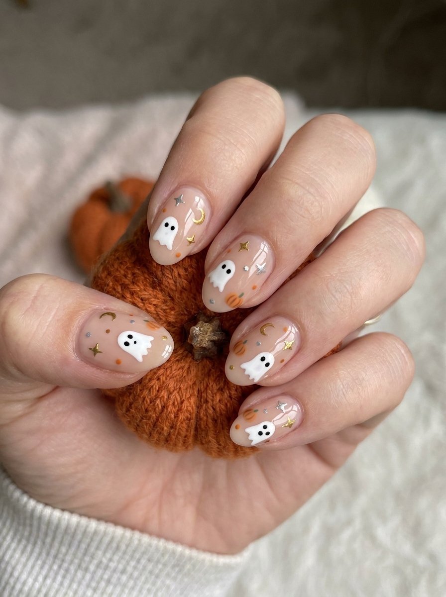 Ghost nail art on short nails against a bright orange pumpkin