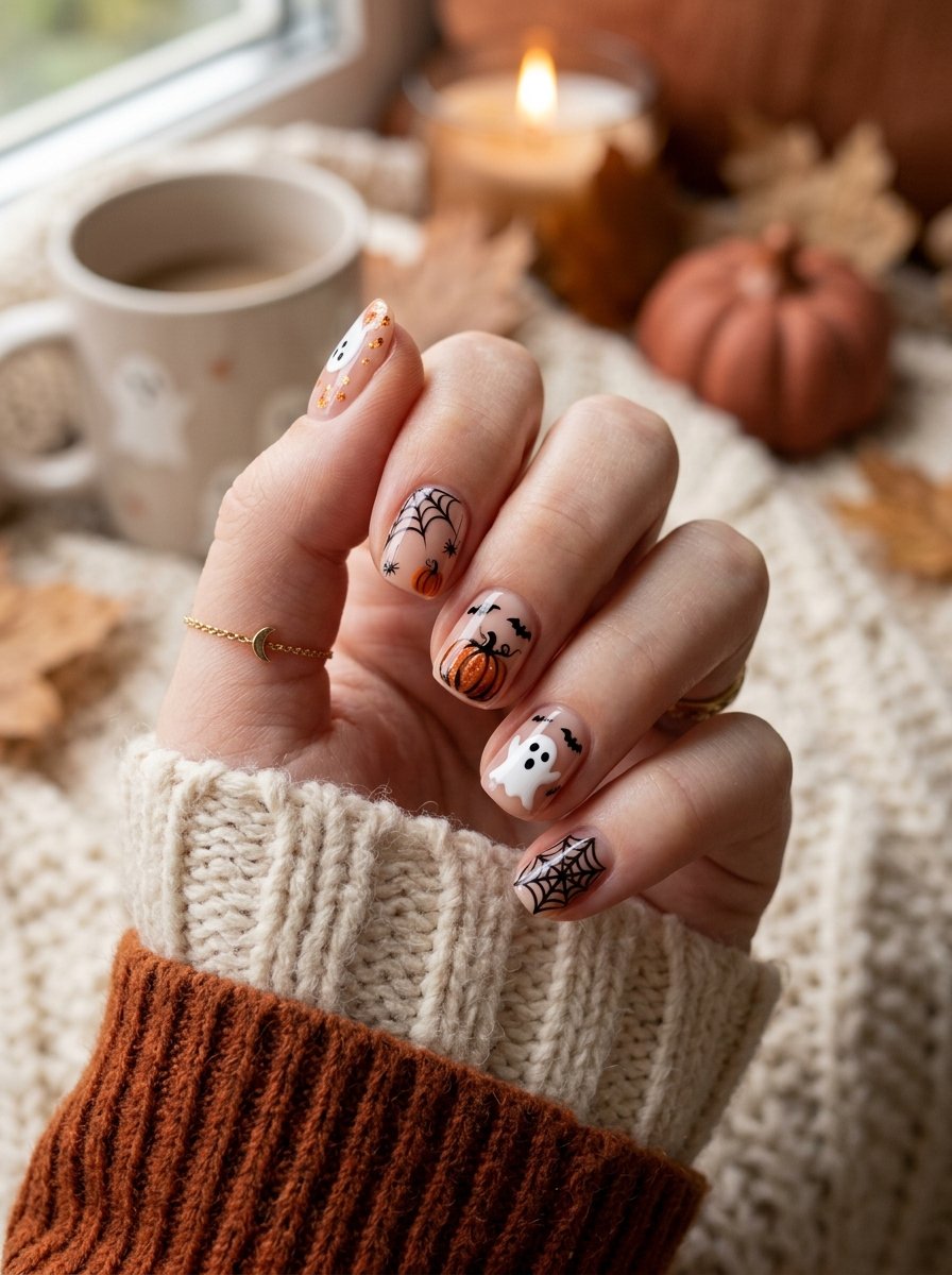 Short neutral nails with subtle Halloween art beside a coffee mug
