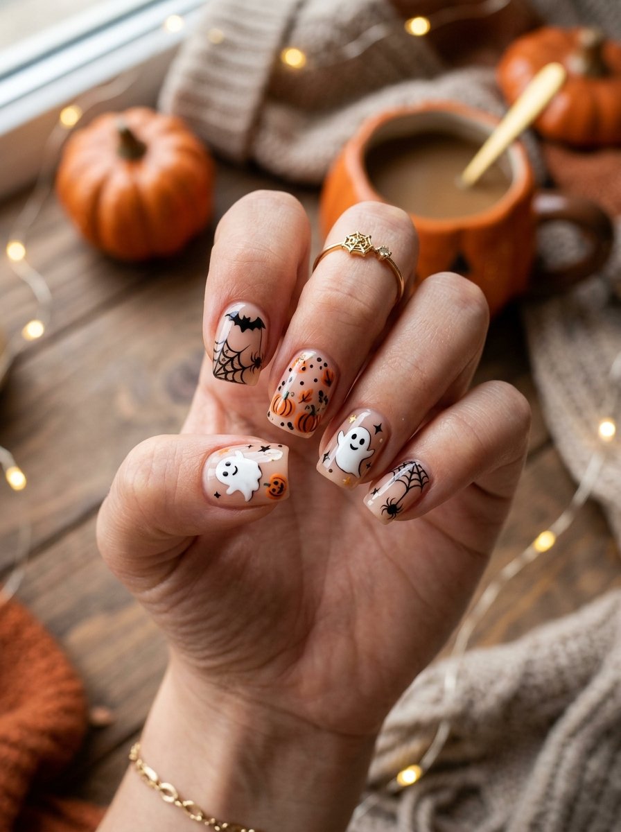 Short nude nails with ghosts and small pumpkins, autumn styling