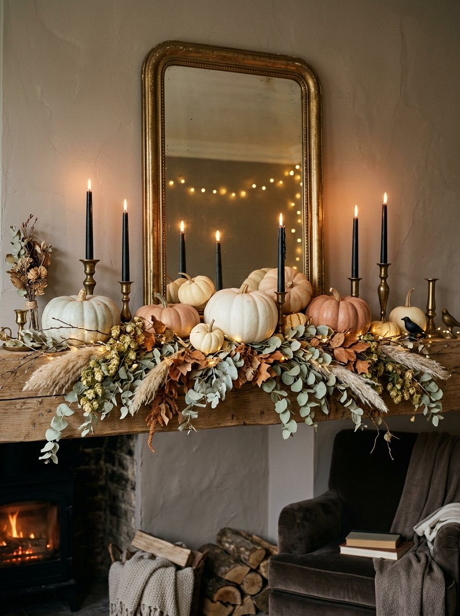 Mantel with white and pale orange heirloom pumpkins and brass candlesticks