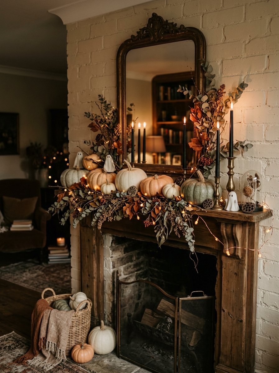 Mantel with pumpkins, black tapers and warm string lights above a lit fire