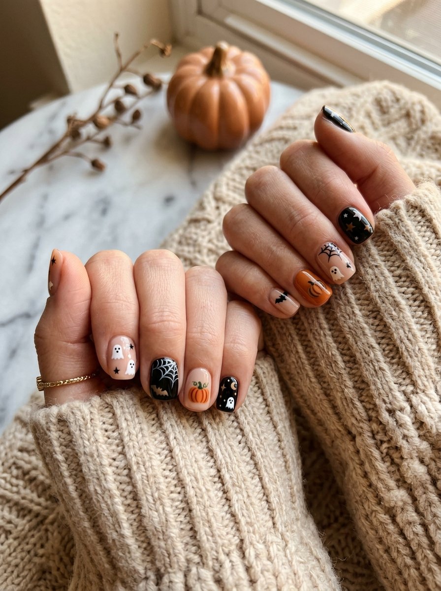 Nude nails with black tips and fine Halloween detailing