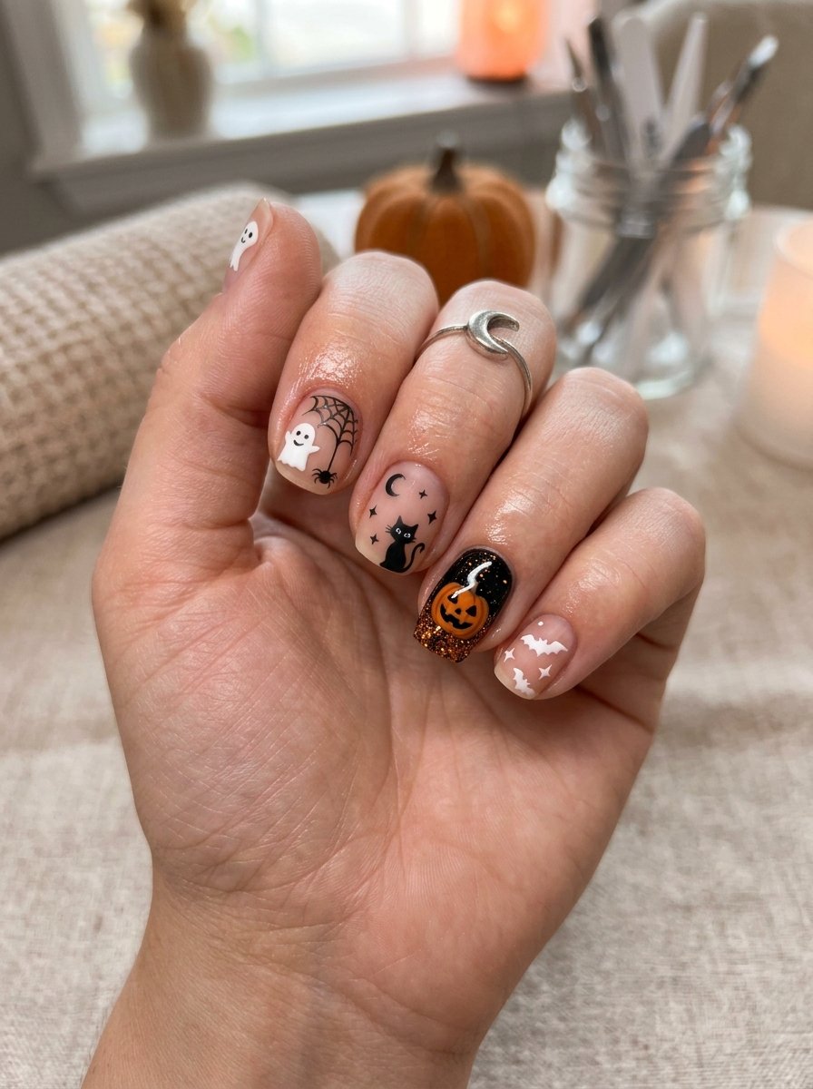 Nude manicure with mixed pumpkin and ghost art, styled on a knit sweater