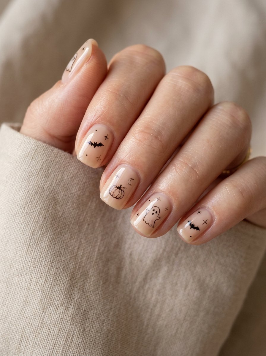 Very minimal nude nails with tiny brown Halloween accents