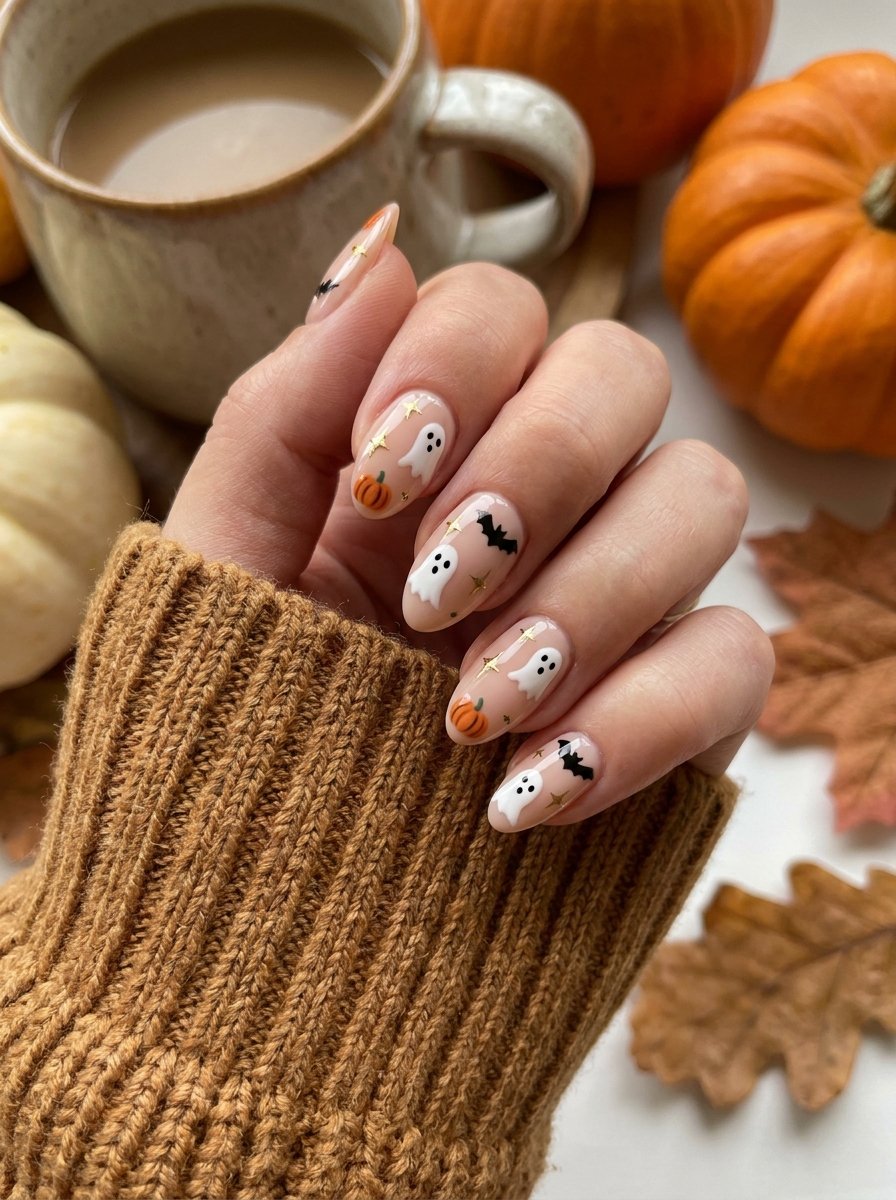 Minimalist short nails with a single black web accent on a nude base