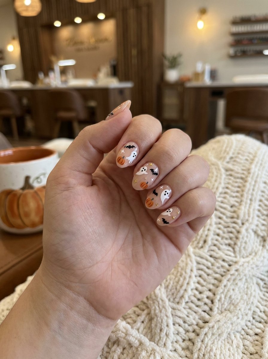 Nude nails with small scattered ghost accents