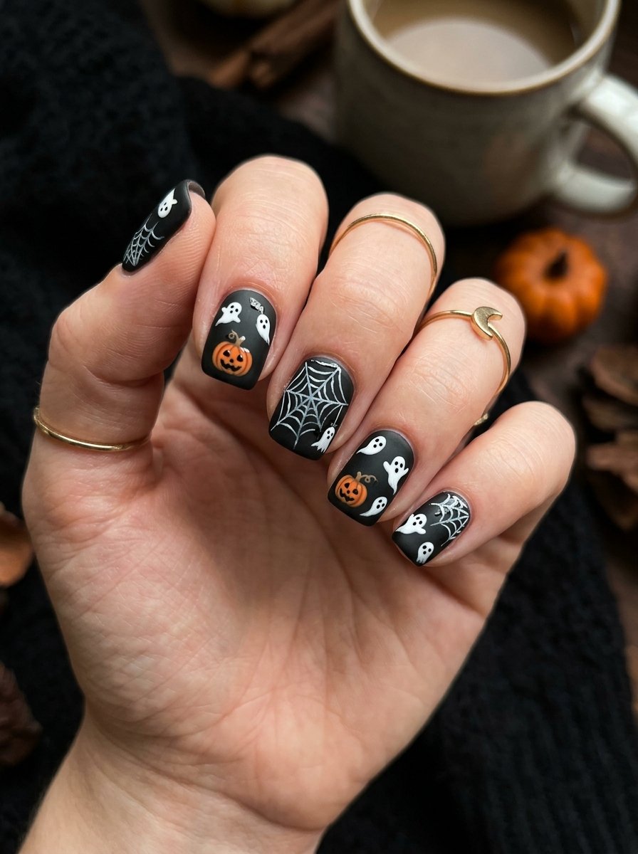 Orange and black Halloween nails with pumpkins and ghosts, cosy autumn styling